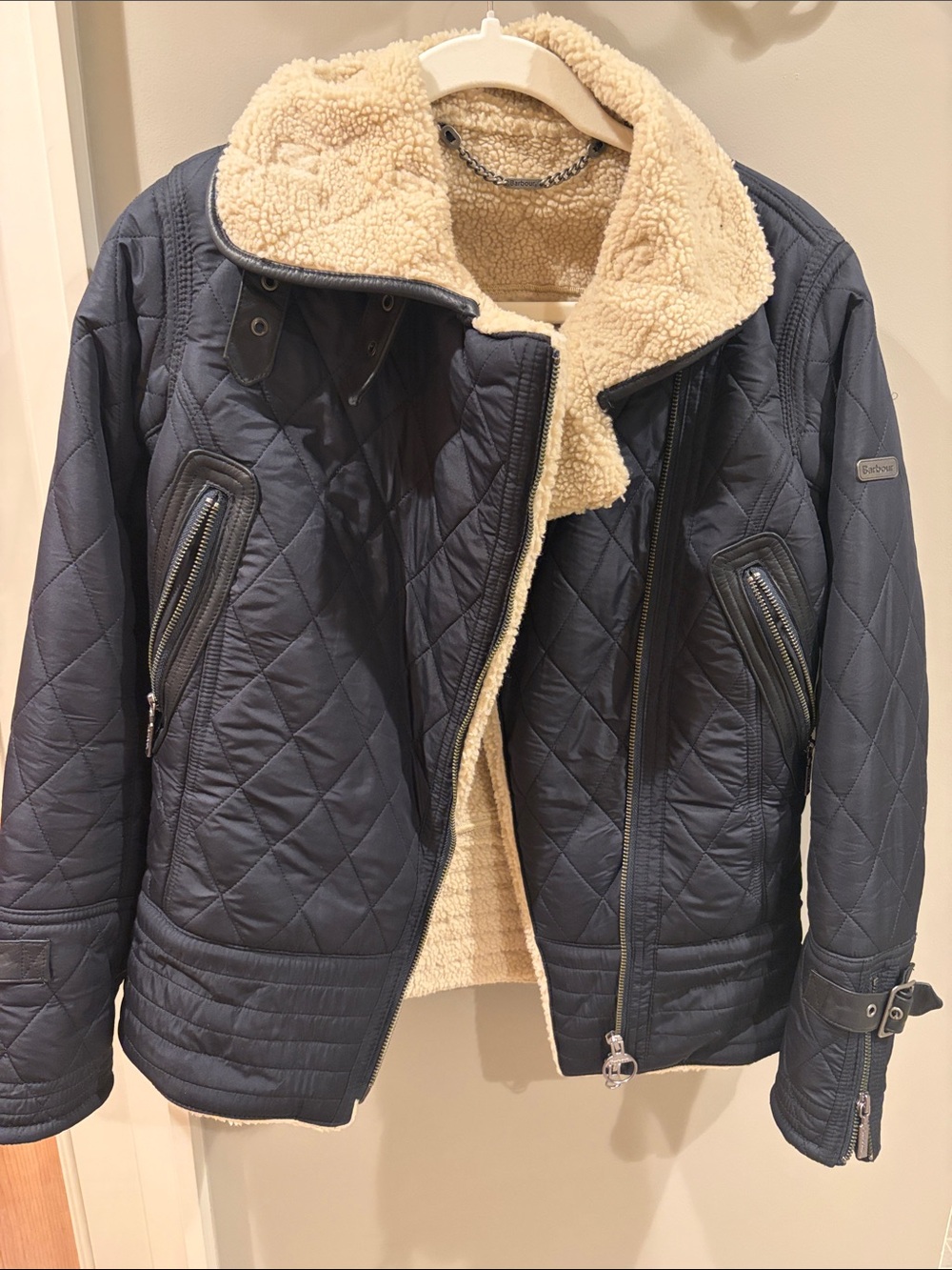 Barbour Navy Quilted Jacket with Cream Sherpa Lining